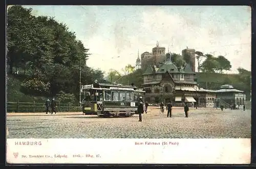 AK Hamburg-St. Pauli, Strassenbahn vor dem Fährhaus