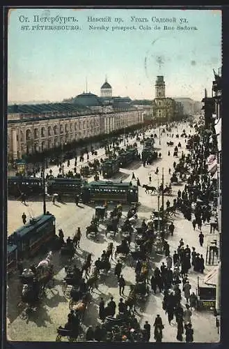 AK St. Pétersbourg, Nevsky prospect, Coin de Rue Sadova, Strassenbahn