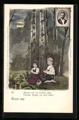 Künstler-AK Hänsel und Gretel suchen einen Schlafplatz im Wald, Portrait Komponist Engelbert Humperdinck