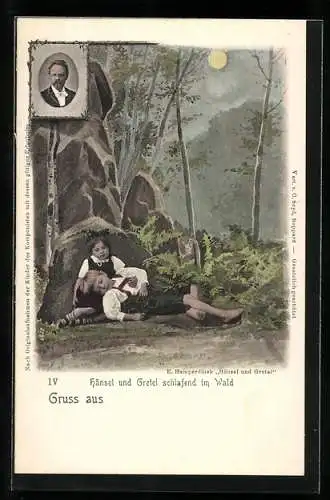 AK Komponist E. Humperdinck, Hänsel und Gretel, Hänsel und Gretel schlafend im Wald