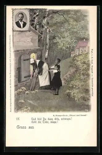 AK Komponist E. Humperdinck, Hänsel und Gretel, Hänsel und Gretel schubsen die Hexe in den Ofen