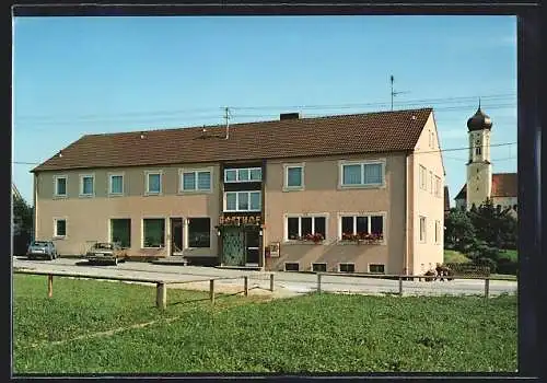 AK Kaisheim-Sulzdorf /Donauries, Gasthof Neuwirt J. Huber, Bergstettener Strssse 3, mit Strasse u. Kirche