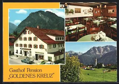 AK Pfronten-Ried, Gasthof-Pension Goldenes Kreuz, in der Gaststube, Blick in die Berge