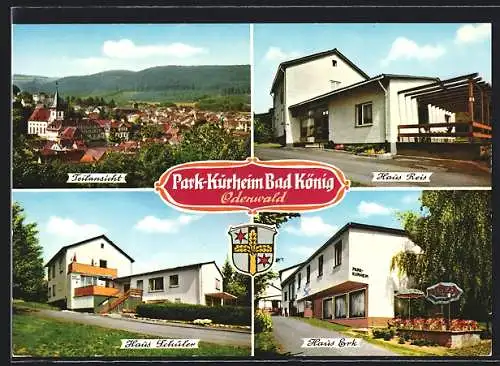 AK Bad König /Odenwald, Park-Kurheim: Häuser Reis, Schüler u. Erik, Teilansicht, Wappen