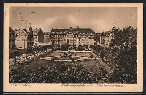 AK Saarbrücken, Beethovenplatz und Beethovenstrasse, Handelsschule Meissner & Heldrich