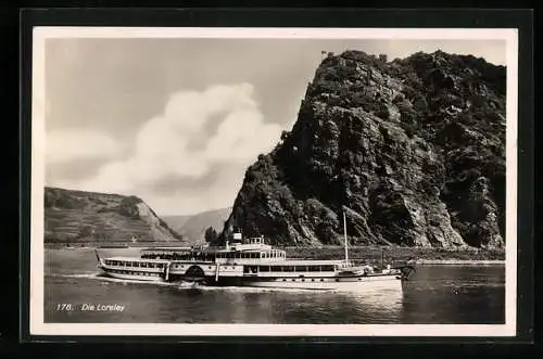 AK Loreleyfelsen und Passagierdampfer auf dem Rhein