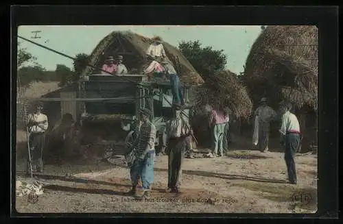 AK La vie aux champs, Le Battage mecanique, Feldarbeiter