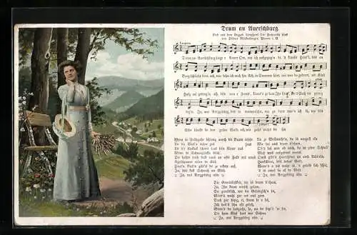 Lied-AK Hilmar Mückenberger: Drum an Auerschbarg, Mädchen mit Blumenstrauss im Wald