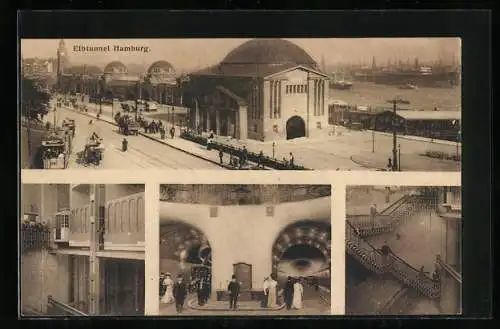 AK Hamburg-St. Pauli, Elbtunnel mit Strassenbahn, Innenansicht mit Treppe, beide Tunnels