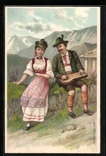 AK Mann mit Zither und Frau in Tracht