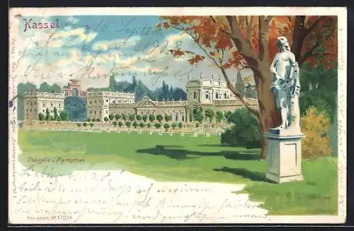 Lithographie Kassel, Orangerie und Marmorbad mit Statue