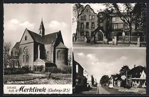 AK Merklinde /Castrop, Schule, Hauptstrasse mit Esso-Tankstelle, Kath. Kirche