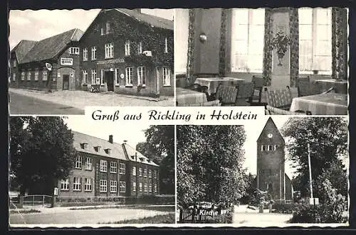 AK Rickling in Holstein, Gasthaus, Schule und Kirche