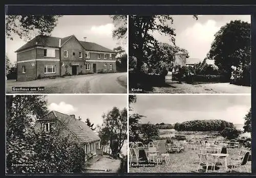 AK Warder, Gasthaus Am See, Bes. R. Stolten, Inh. G. Radtke, Jugendheim, Kirche, Kaffeegarten