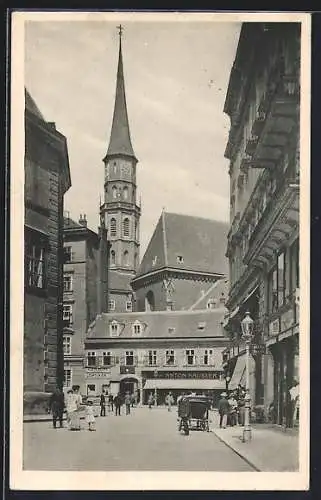 AK Wien, Stallburggasse mit Geschäften und Kirchturm