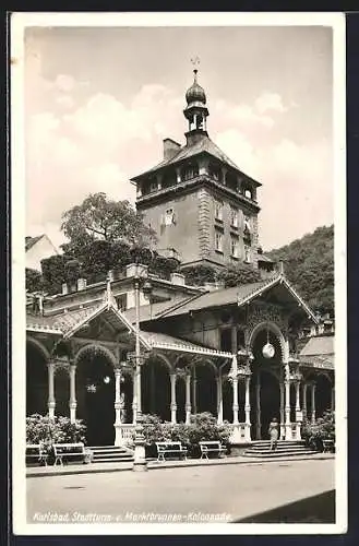 AK Karlsbad, Stadtturm- und Marktbrunnen-Kolonnade