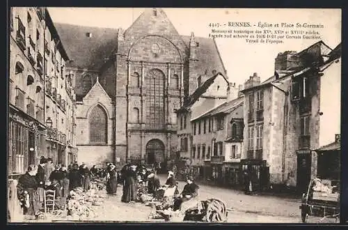 AK Rennes, Église et Place St-Germain avec marché animé