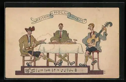 Lithographie Komiker Reiter, Holl und Kiem mit Saiteninstrumenten, Notenzeile