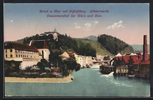 AK Bruck a. Mur, Ortsansicht mit Schlossberg, Zusammenfluss der Mürz und Mur