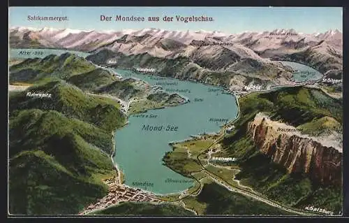 Künstler-AK Mondsee, Der Mondsee mit Orts- und Bergbezeichnungen aus der Vogelschau