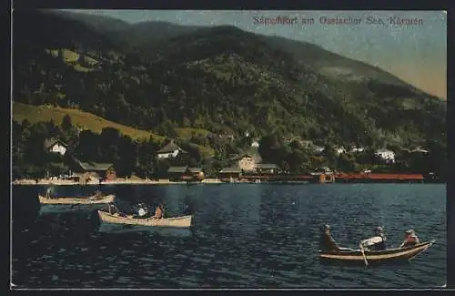 AK Sattendorf am Ossiacher See, Ruderboote mit Blick zur Ortschaft