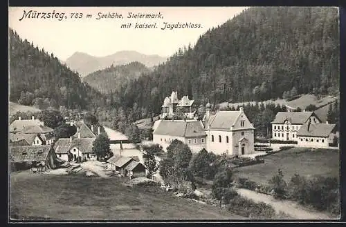 AK Mürzsteg, Panorama mit kaiserl. Jagdschloss