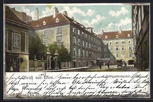 Lithographie Wien, Heiligenkreuzerhof mit Kutschen