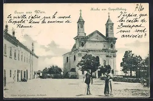 AK Wien, Kirche am Leopoldsberg mit Gasthaus