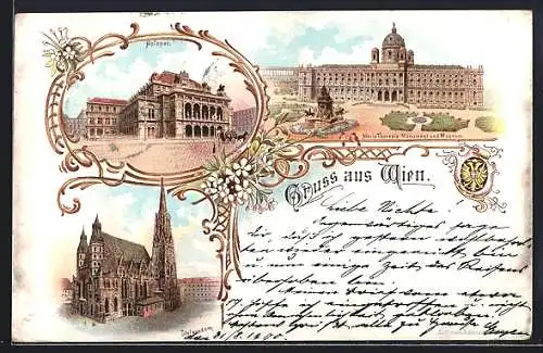 Lithographie Wien, Hofoper, Stefansdom, Maria Theresia-Monument und Museum