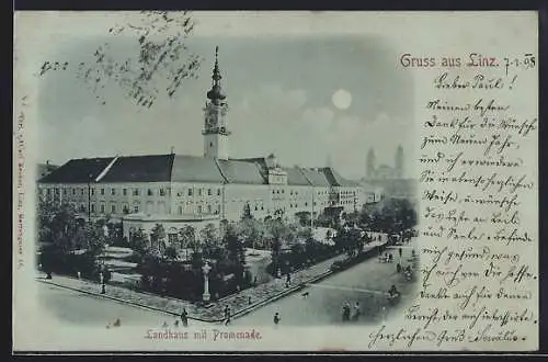 Mondschein-AK Linz, Landhaus mit Promenade