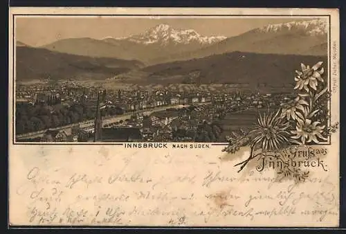 Lithographie Innsbruck, Blick nach Süden, Passepartout mit Edelweiss