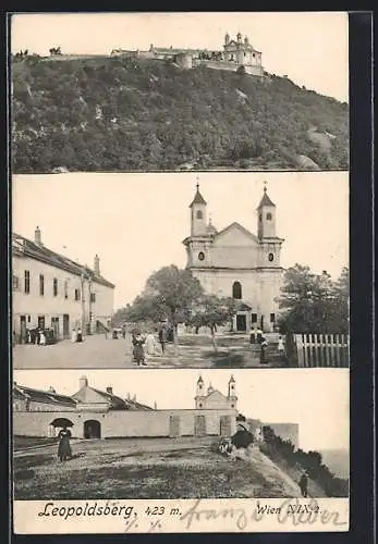 AK Wien, Leopoldsberg mit Kirche und Strassenpartie