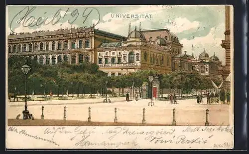 Lithographie Wien, Universität und Platz mit Litfasssäule