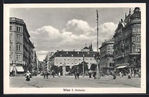 AK Wien, Wollzeile mit Geschäften und Litfasssäule