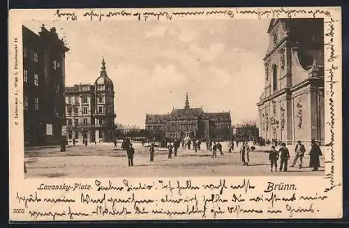 AK Brünn, Lazansky-Platz, Panorama mit Kirche