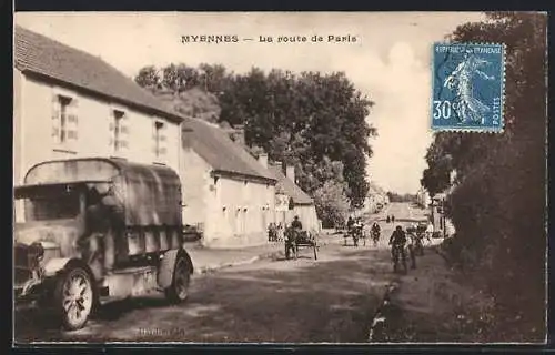 AK Myennes, La route de Paris