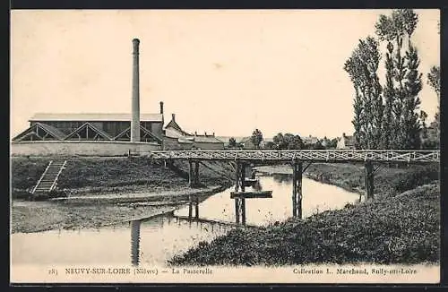 AK Neuvy-sur-Loire, la Passerelle avec une usine en arrière-plan