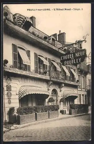 AK Pouilly-sur-Loire, L`Hôtel Neuf, facade et enseigne, Téléph. 3