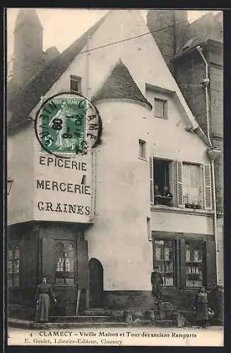 AK Clamecy, Vieille Maison et Tour des anciens Remparts, Épicerie Mercerie Graines