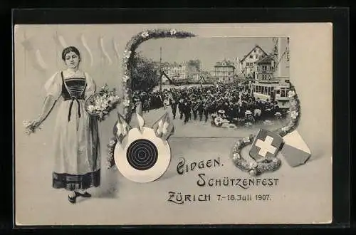 AK Zürich, Eidg. Schützenfest 1907, Marschkapelle und Strassenbahn, Zielscheibe mit Länderflaggen