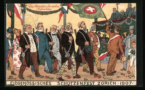 Künstler-AK Zürich, eidgen. Schützenfest 1907, das Fähnlein der sieben Aufrechten