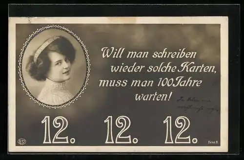 AK Besonderes Datum, 12.12.12, hübsches Mädchen, Will man schreiben wieder solche Karten, muss man 100 Jahre warten