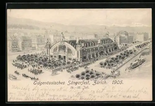 AK Zürich, Eidgenössisches Sängerfest 1905, Dampfer, Festhütte