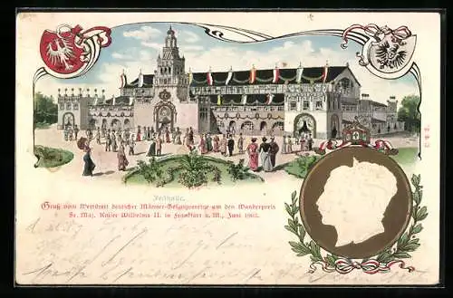 Lithographie Frankfurt, Wettstreit deutscher Männer-Gesangsvereine 1903, Festhalle, Kaiserpaar