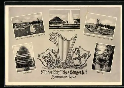 AK Hannover, Niedersächsisches Sängerfest 1939, Maschsee-Gaststätte, Stadthallengarten, Harfe und Wappen