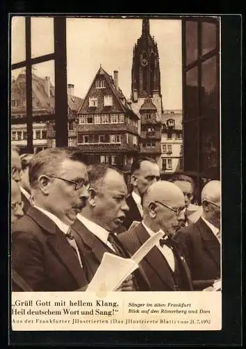 AK Frankfurt, Deutsches Sängerbundesfest 1932, Sänger mit Blick auf Römerberg und Dom