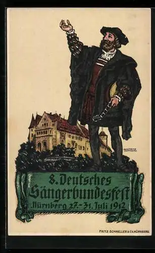 Künstler-AK Nürnberg, 8. Deutsches Sängerbundes-Fest 1912, Sänger mit Laute und Schloss