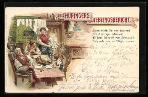 Lithographie Frau in thüringischer Tracht bringt Klöse zur gebratenen Gans