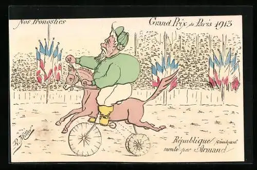 Künstler-AK sign. R. Miller: Fallieres auf einem Spielzeugpferd. Grand Prix de Paris 1913