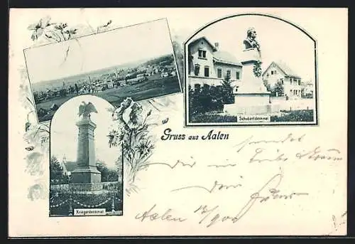 AK Aalen, Teilansicht, Schubartdenkmal, Kriegerdenkmal